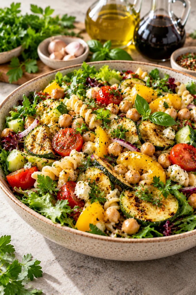 Mediterranean-style salad with mixed greens, roasted zucchini, bell peppers, chickpeas, tomatoes, cucumber, herbs, pasta, and garlic herb vinaigrette.