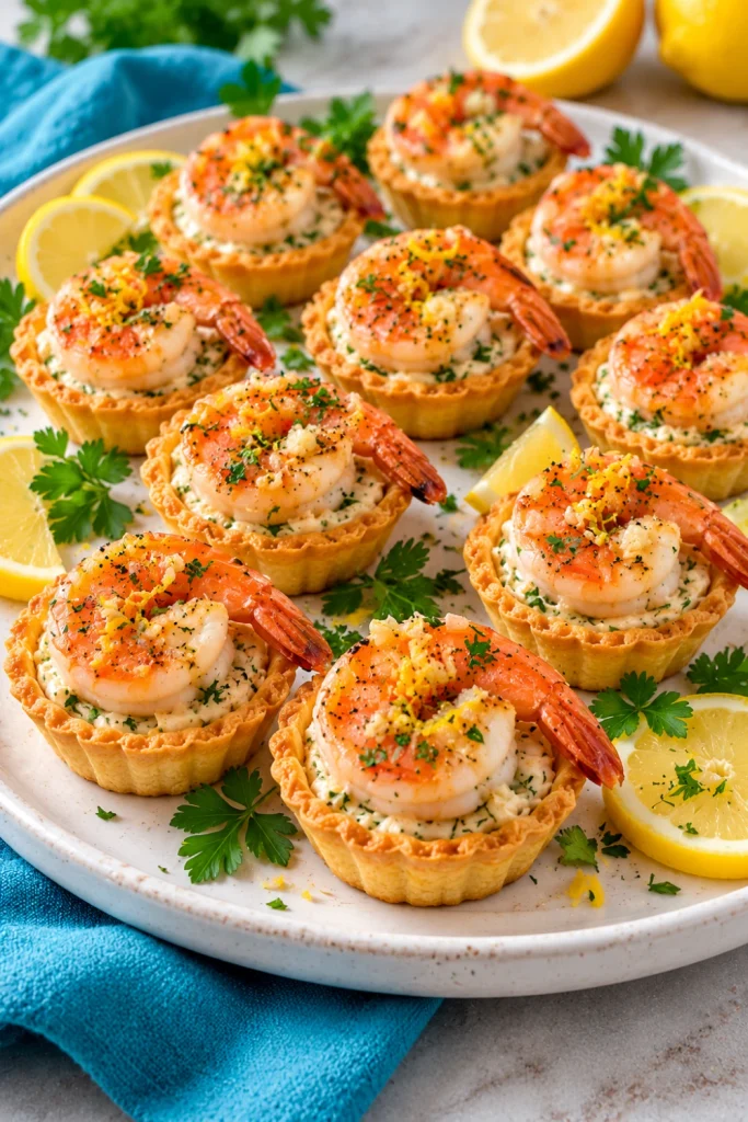 Golden garlic lemon shrimp tartlets topped with succulent pink shrimp, fresh parsley, and lemon zest on a white platter, ideal for elegant seafood party appetizers.