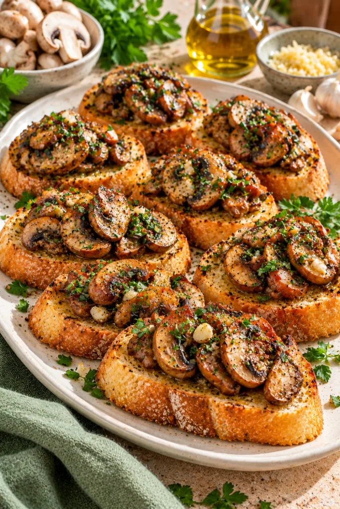 Garlic mushroom bruschetta with golden sautéed mushrooms, minced garlic, fresh parsley, and olive oil on crisp toasted baguette slices for easy savory Italian appetizers.