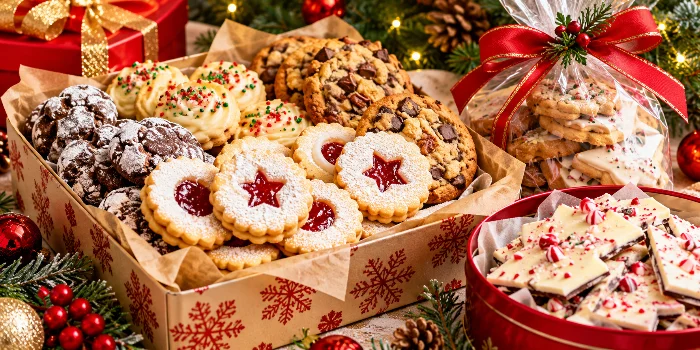An assortment of gift-worthy Christmas cookie recipes, including raspberry jam Linzer cookies, powdered sugar chocolate crinkle cookies, festive iced sugar cookies, and chocolate chip cookies arranged in a holiday gift box beside peppermint bark, a ribbon-tied cookie bag, red ornaments, and evergreen branches.