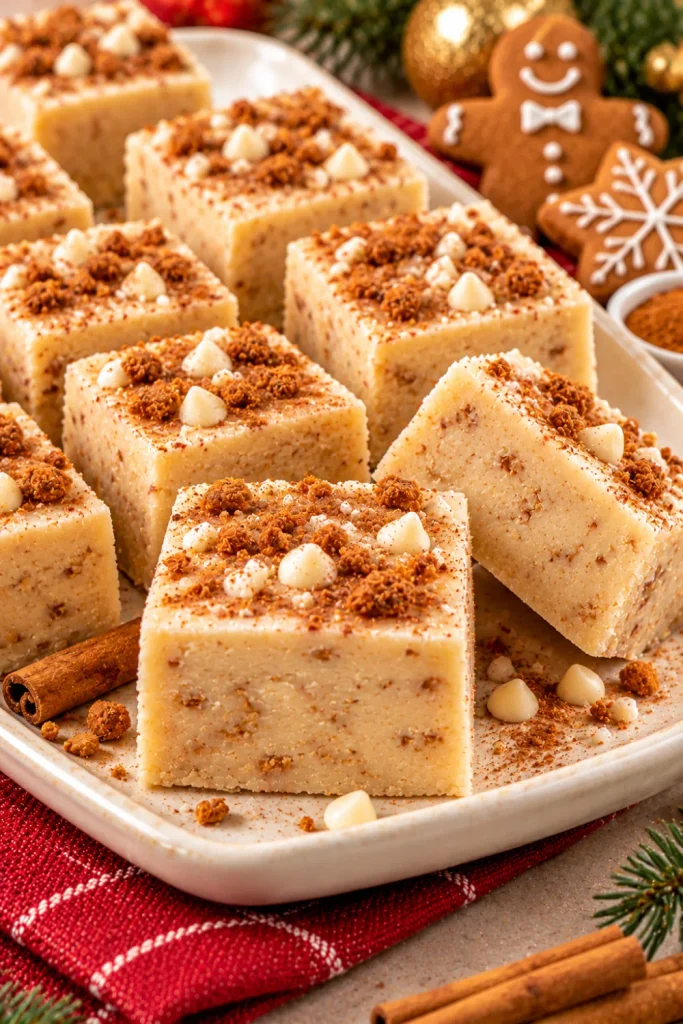 Gingerbread white chocolate Christmas fudge flavored with cinnamon, ginger, and nutmeg, cut into creamy holiday squares for festive dessert platters and homemade Christmas gifts.