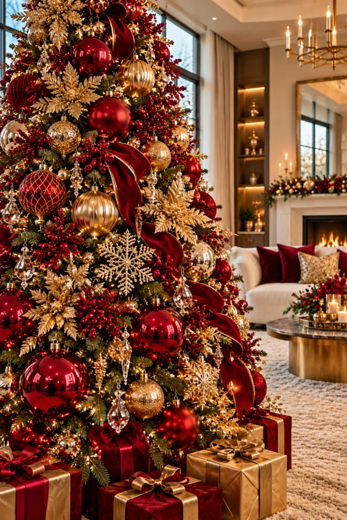 Glamorous red and gold Christmas tree decorations with ruby glass baubles, sparkling gold snowflakes, metallic floral picks, velvet ribbon, warm lights, and an elegant modern living room with cream furniture.