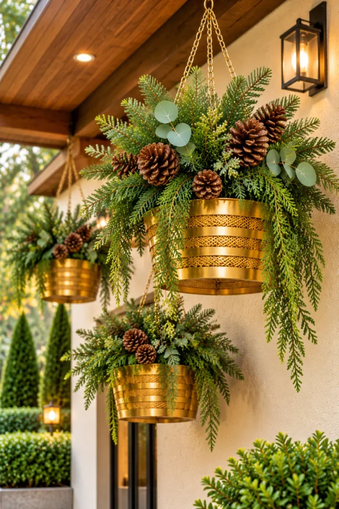 Elegant gold hanging baskets filled with evergreen winter foliage, natural pinecones, and cascading greenery on a modern outdoor porch, creating a textured and festive Christmas garden decoration.