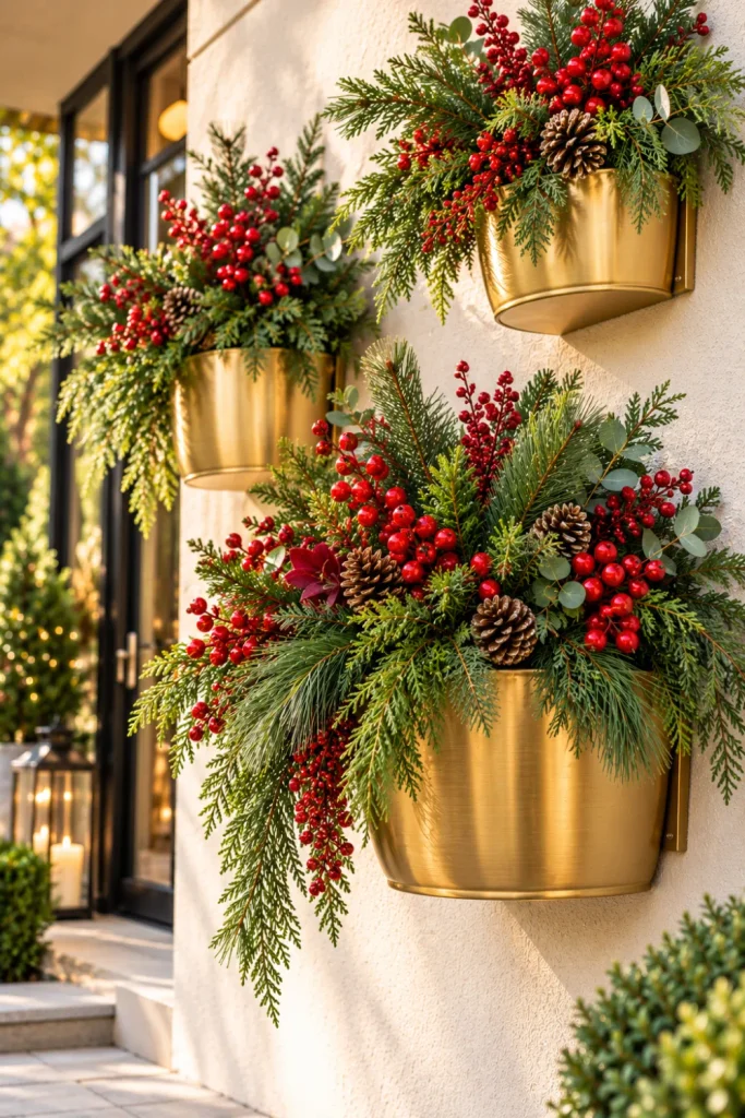 Elegant gold outdoor wall planters filled with lush evergreen branches and vivid red berry accents against a warm cream exterior wall, creating a classic red-and-gold Christmas garden display.