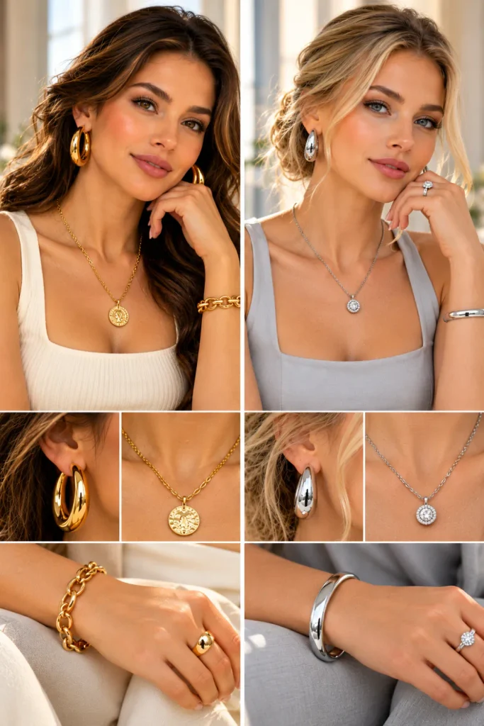 Gold vs. silver jewelry for different skin undertones, showing two models comparing gold and silver earrings, necklaces, and wrist jewelry in natural daylight.
