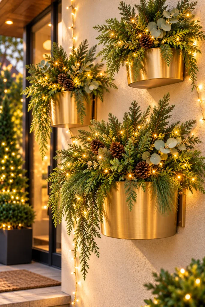 Modern gold wall planters filled with lush evergreen foliage and illuminated by warm-white outdoor fairy lights on a contemporary patio wall, creating a cozy and elegant Christmas garden display.