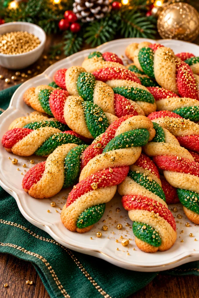 Golden butter Christmas twist cookies made with red and green dough, finished with gold sanding sugar, and displayed on a cream platter with elegant holiday accents.