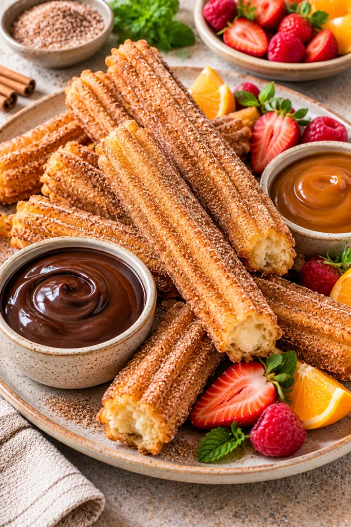 Golden, crispy cinnamon-sugar churros arranged with chocolate and caramel dipping sauces in a modern, colorful Mexican street-food dessert presentation.