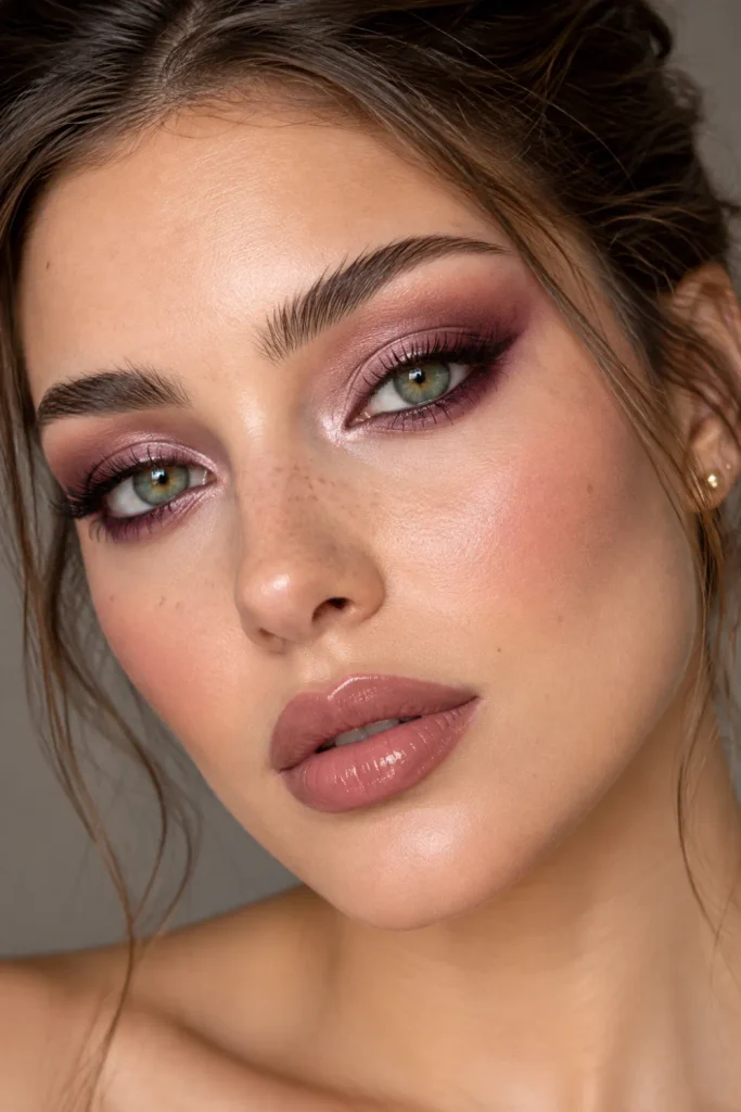 Close-up beauty portrait featuring gorgeous green eyes enhanced with flattering bronze eyeshadow, plum eyeliner, and luminous eye makeup.