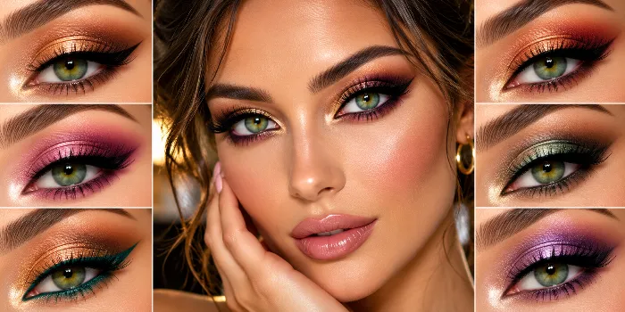 Gorgeous eye makeup ideas that make green eyes pop with shimmering gold, copper, plum, and bronze eyeshadow, winged eyeliner, and voluminous lashes.