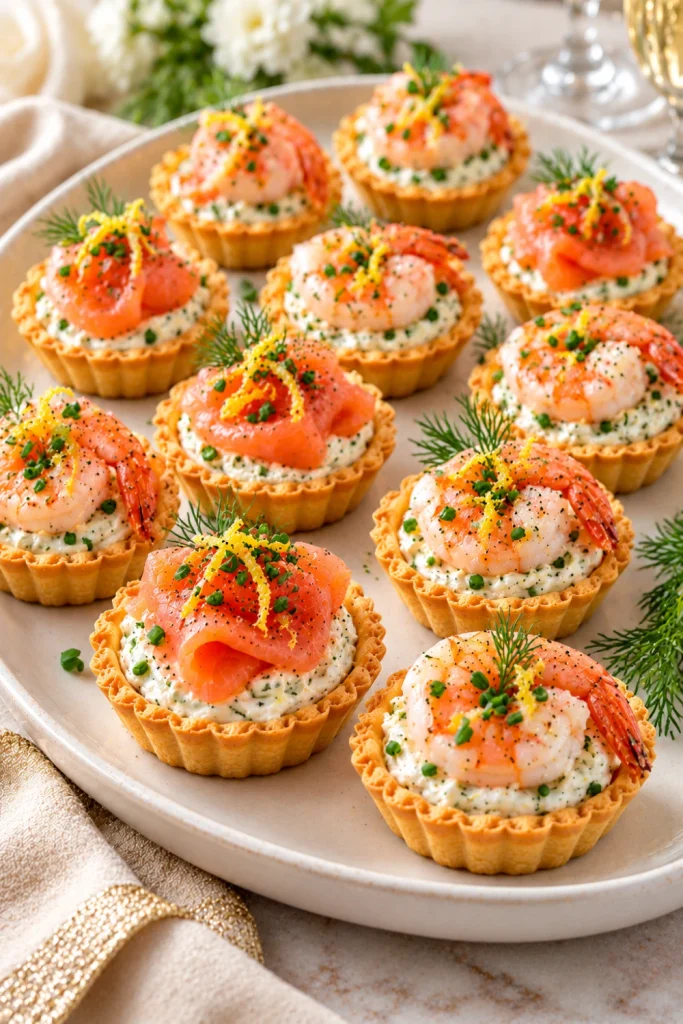 Gourmet seafood tartlets for wedding receptions featuring smoked salmon, cooked shrimp, lemon cream cheese, fresh chives, and crisp golden pastry on an elegant ivory platter.