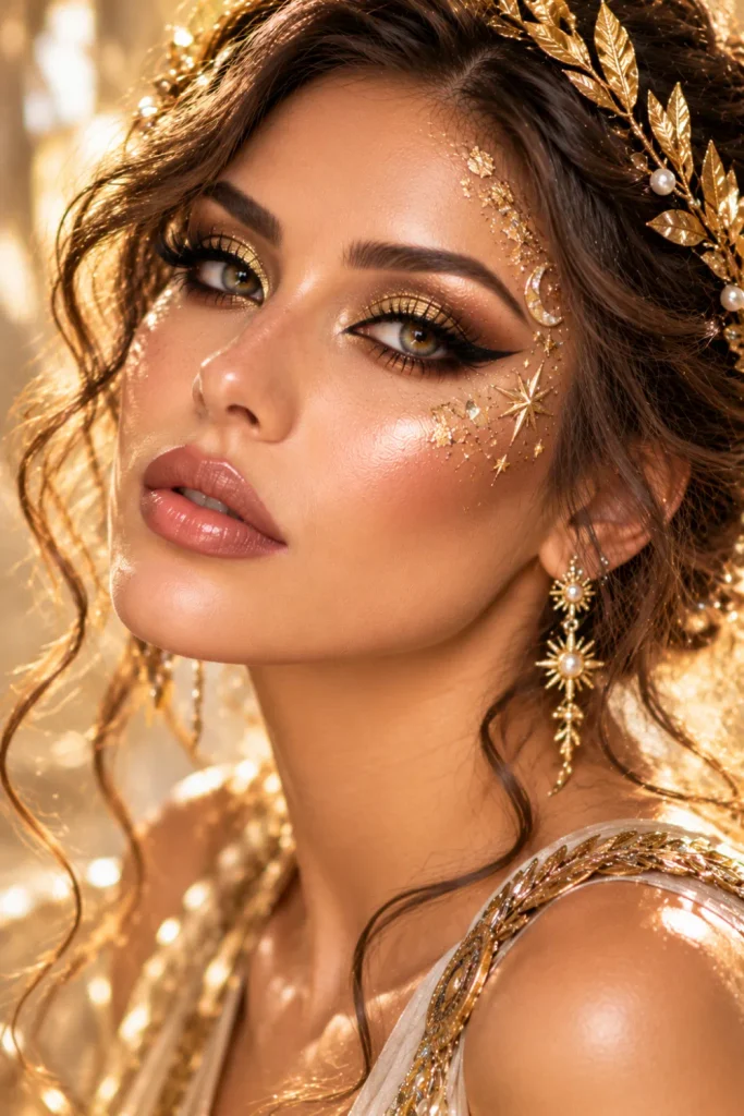 Greek goddess Halloween makeup with metallic gold eyeshadow, luminous skin, bronze cheek contour, champagne highlights, and elegant celestial gold accents.