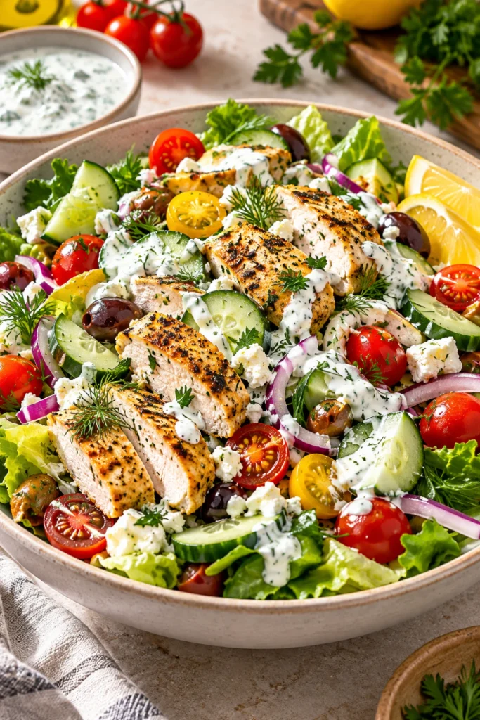 Greek yogurt chicken protein salad with grilled chicken, crisp greens, cucumber, cherry tomatoes, red onion, fresh herbs, and creamy yogurt dressing in a modern serving bowl.