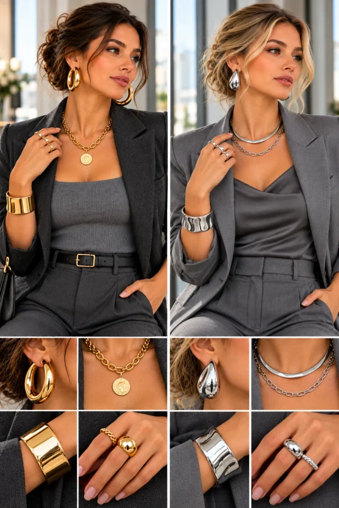 Grey and charcoal minimalist outfits with gold vs. silver jewelry, featuring warm gold hoops and statement cuffs alongside sculptural silver earrings, sleek bangles, and tonal necklaces.