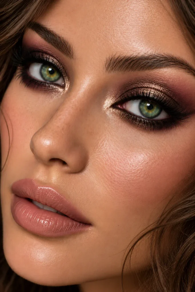 Grunge eyeliner makeup for green eyes featuring smudged charcoal eyeliner, blended dark brown eyeshadow, muted plum accents, defined lashes, and a modern lived-in smoky finish.