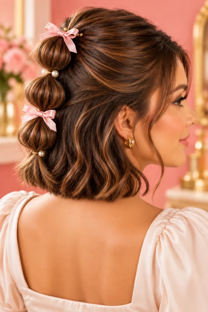 Half-up bubble braids on a short bob decorated with delicate satin bows, pearl hair pins, and stylish modern hair accessories