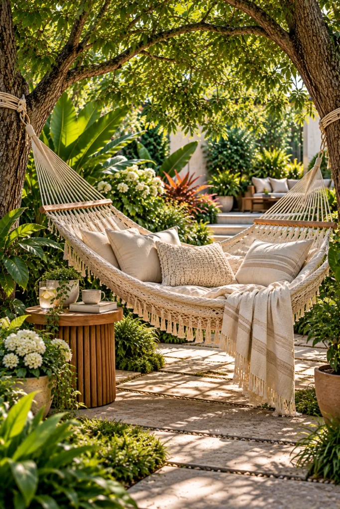 Comfortable backyard hammock beneath a dense natural tree canopy with breathable neutral cushions, leafy shade, compact drink table, modern landscaping, and soft summer styling.