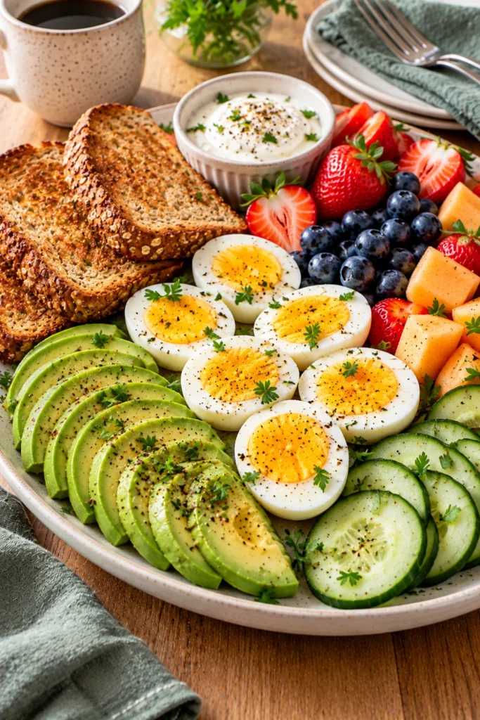 Healthy breakfast platter with hard-boiled eggs, sliced avocado, whole-grain toast, fresh strawberries, blueberries, melon, and cucumber for a colorful morning meal.