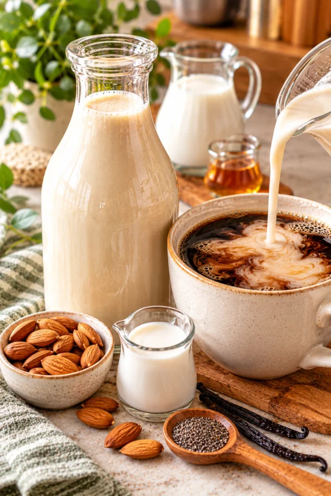 Healthy homemade coffee creamer with almond or oat milk, coconut milk, maple syrup, and coffee in a modern easy homemade creamer setup.