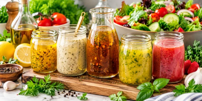 Healthy homemade salad dressings and clean vinaigrette recipes in glass jars beside a fresh colorful garden salad, lemons, herbs, olive oil, and vegetables.