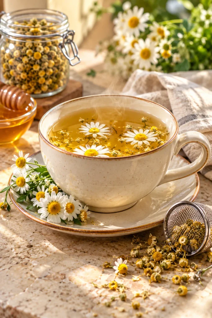Healthy Tea for Women: soothing wellness choices featuring a warm cup of chamomile tea with dried flowers, honey, linen and a modern cozy evening tea setup
