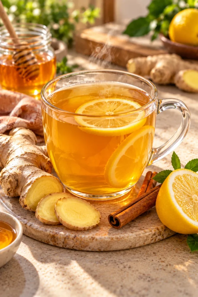 Healthy Tea for Women: soothing wellness choices with homemade ginger tea, fresh ginger slices, lemon, cinnamon and honey in a modern kitchen setting