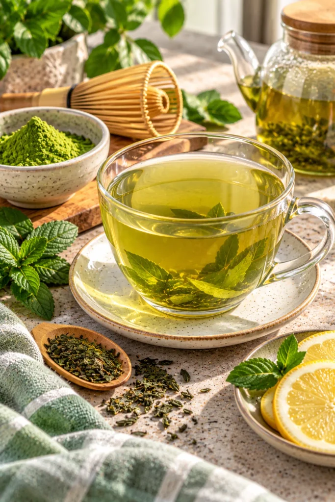 Healthy Tea for Women, a soothing wellness choice featuring fresh green tea, matcha powder, tea leaves and a modern morning wellness setup