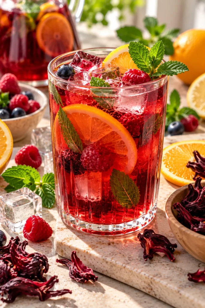 Healthy Tea for Women: soothing wellness choices with vibrant hibiscus tea, berries, citrus, mint and a colorful modern iced tea presentation