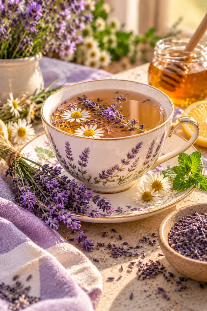 Healthy Tea for Women: soothing wellness choices featuring lavender tea with culinary lavender, chamomile, lemon and honey in an elegant self-care setup