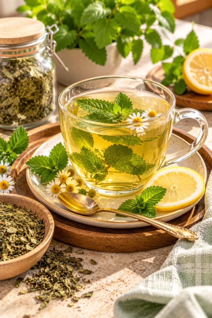 Healthy Tea for Women: soothing wellness choices with lemon balm tea, fresh lemon, chamomile, mint and a modern herbal tea ritual