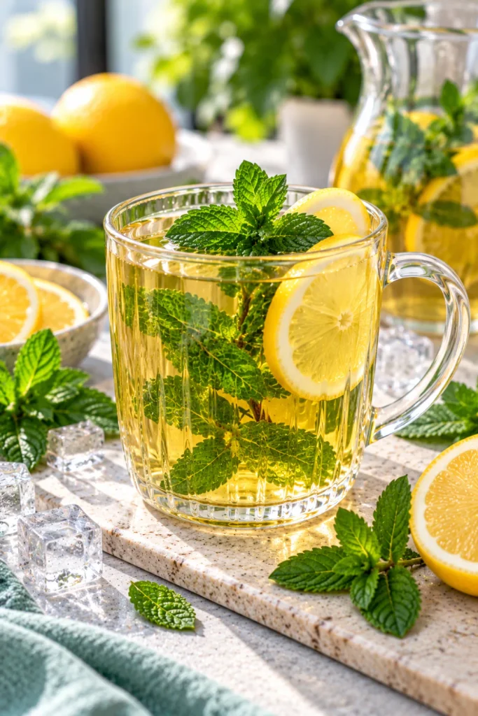 Healthy Tea for Women soothing wellness choices featuring refreshing peppermint tea with fresh mint leaves and lemon in a modern Pinterest tea setup