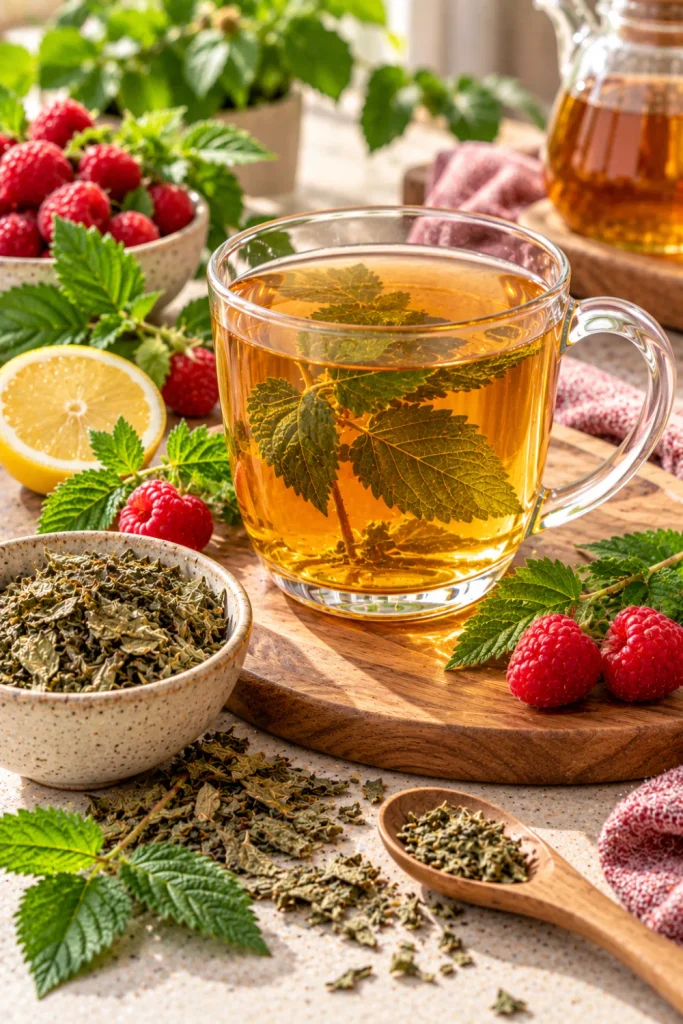 Healthy Tea for Women: soothing wellness choices with raspberry leaf herbal tea, dried leaves, fresh raspberries, lemon and a modern tea setup