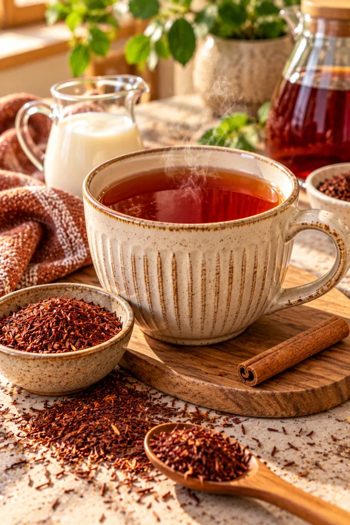 Healthy Tea for Women soothing wellness choices featuring naturally caffeine-free rooibos tea in a modern ceramic cup with cinnamon and oat milk
