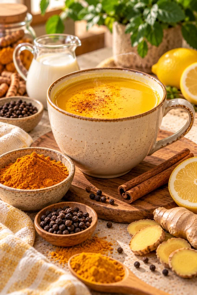 Healthy Tea for Women, a soothing wellness choices featuring golden turmeric tea with ginger, cinnamon, black pepper and lemon in a cozy modern setup