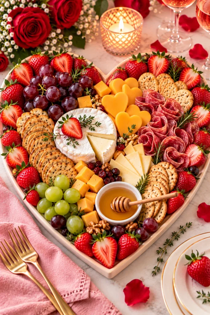 Heart-shaped romantic charcuterie board ideas for date night featuring brie, cheddar hearts, fresh strawberries, grapes, crackers, folded salami, and golden honey.
