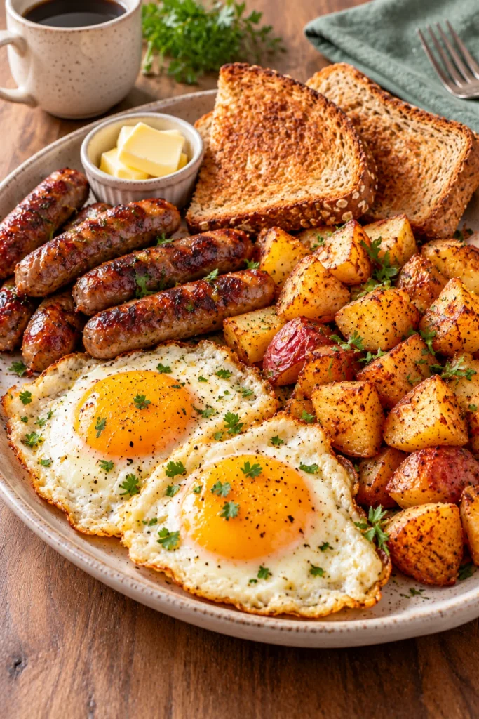 Country-style breakfast platter with browned breakfast sausages, fried eggs, crispy roasted potatoes, seasoned herbs, and golden whole-grain toast for a hearty family brunch.