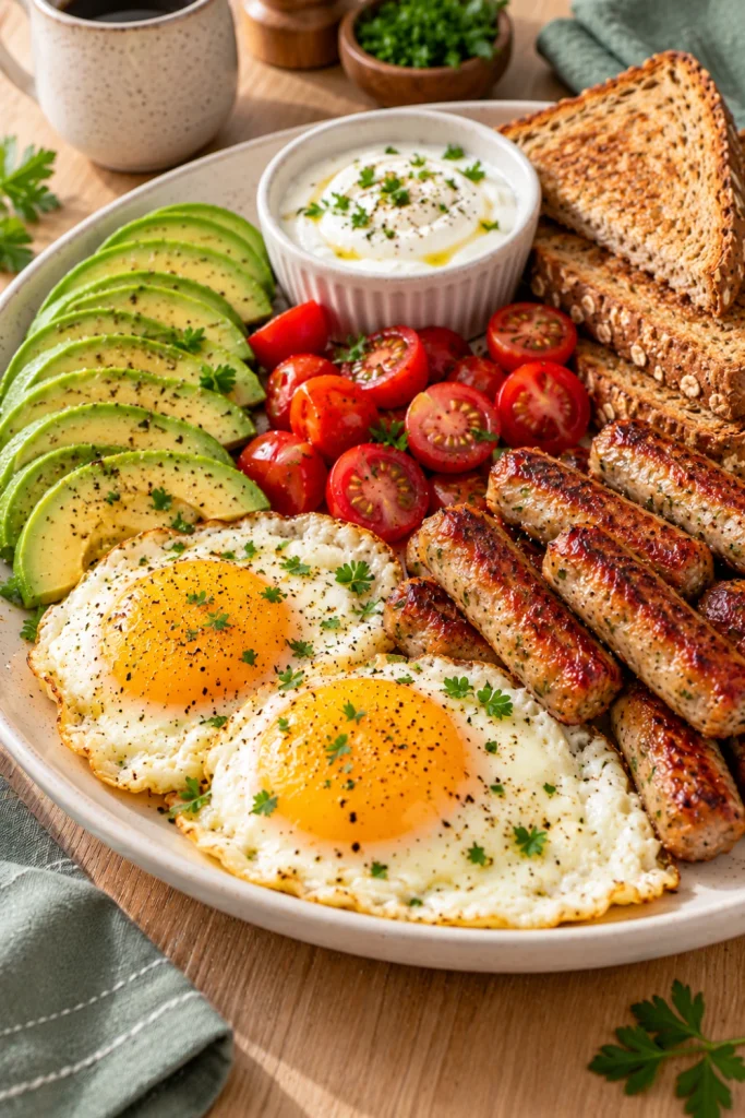 High-protein breakfast platter featuring eggs, lean turkey sausages, Greek yogurt, fresh avocado, cherry tomatoes, and whole-grain toast for a filling savory breakfast.