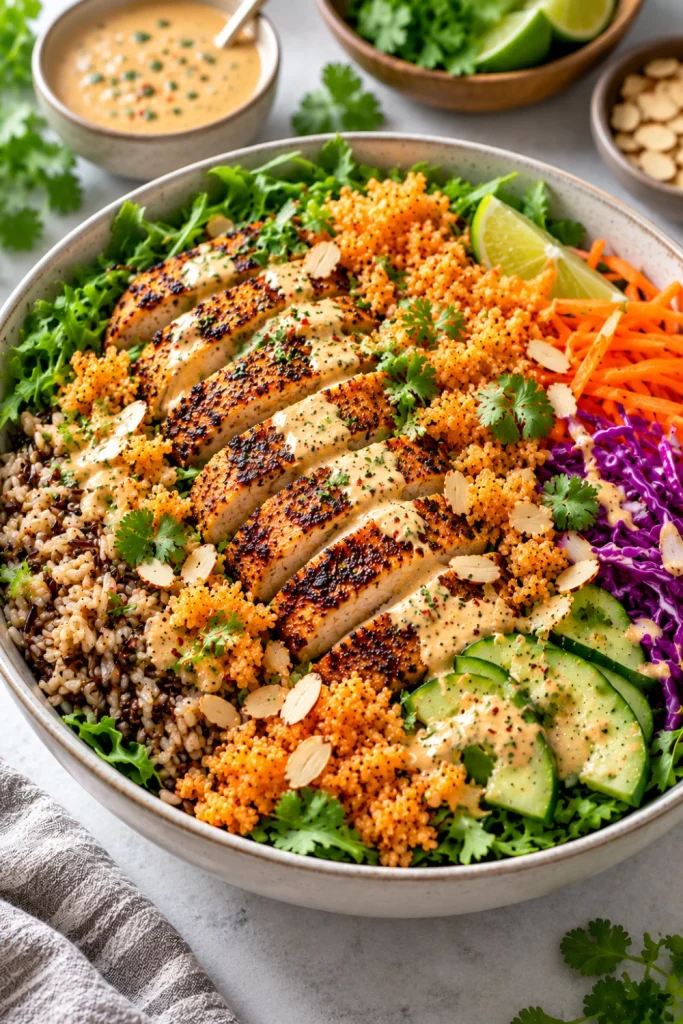 High-protein crispy rice salad with extra sliced chicken, wild rice, golden crunchy rice, arugula, cucumber, cabbage, carrots, almonds, and creamy cashew dressing in a vibrant modern bowl.