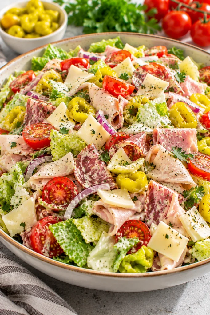 High-Protein Italian Grinder Chopped Salad With Creamy Dressing featuring turkey, ham, salami, provolone, crisp lettuce, cherry tomatoes, red onion, and pepperoncini.