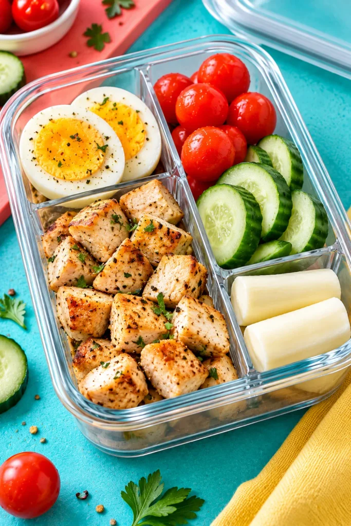 High-protein keto snack box with cooked chicken breast, a hard-boiled egg, mozzarella sticks, cherry tomatoes, and cucumber for low-carb meal prep.