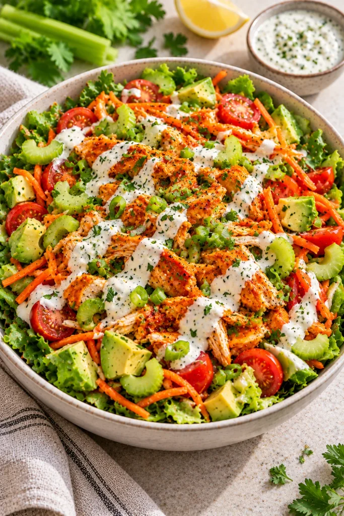 Buffalo chicken salad with crisp lettuce, celery, carrots, tomatoes, avocado, green onion, Buffalo sauce, and creamy yogurt ranch dressing.