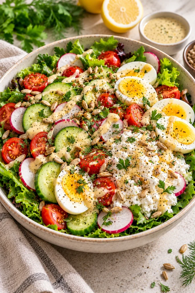 Egg and cottage cheese crunch salad with cucumber, radishes, tomatoes, greens, sunflower seeds, herbs, and creamy mustard dressing.