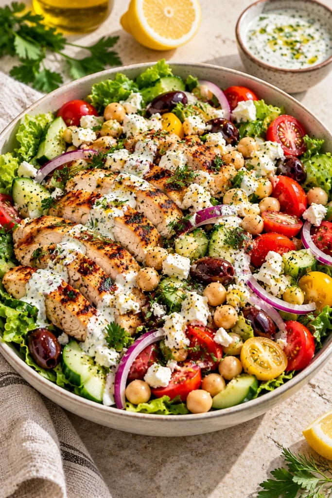 Greek chicken and chickpea salad with cucumber, tomatoes, olives, red onion, feta, greens, and creamy Greek yogurt herb dressing.