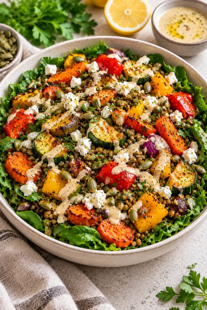 Lentil and roasted vegetable salad with bell peppers, zucchini, carrots, spinach, feta, pumpkin seeds, parsley, and creamy lemon-tahini sauce.