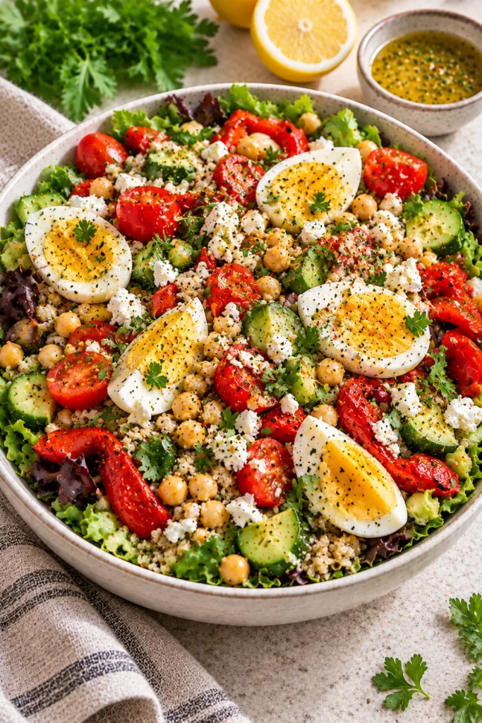 Mediterranean chickpea egg and quinoa salad with cucumber, tomatoes, roasted red peppers, feta, parsley, mixed greens, and lemon-olive-oil dressing.