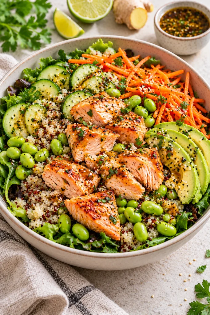 Salmon edamame and quinoa salad with cucumber, shredded carrots, avocado, mixed greens, sesame seeds, and ginger-soy dressing.