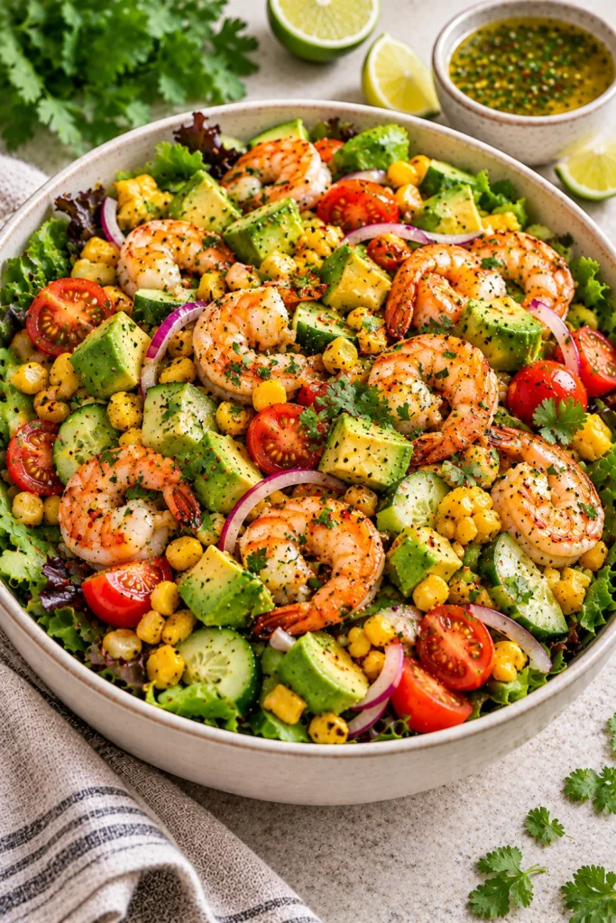 Shrimp avocado and corn salad with cucumber, cherry tomatoes, mixed greens, red onion, cilantro, and bright cilantro-lime dressing.
