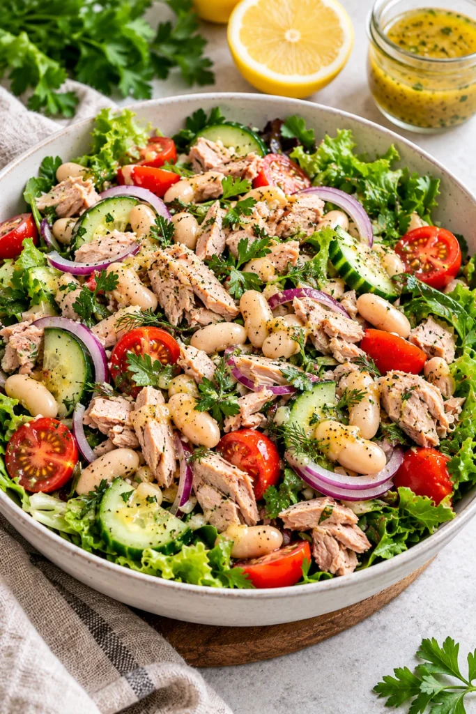 Tuna and white bean crunch salad with cucumber, cherry tomatoes, red onion, parsley, crisp greens, and lemon-dill dressing.