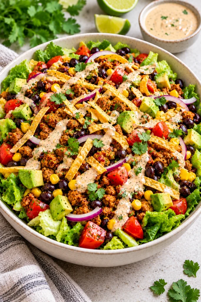 Turkey taco and black bean salad with seasoned ground turkey, corn, avocado, tomatoes, romaine, red onion, cilantro, and creamy lime dressing.