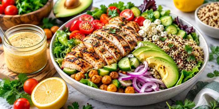 High-protein salad recipes with dressing ideas featuring grilled chicken, avocado, quinoa, fresh greens, tomatoes, cucumber, feta, and herb dressing in a modern bowl.